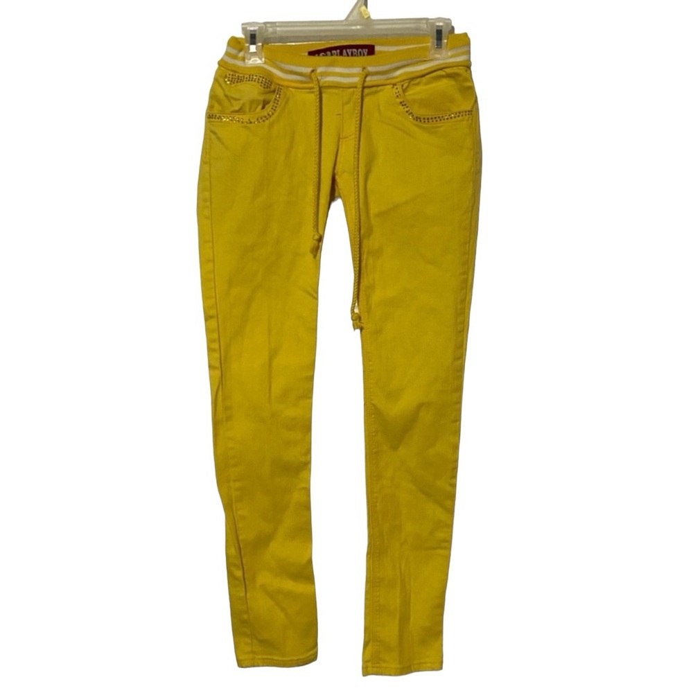 Playboy Y2K Yellow Denim Drawstring Rhinestone Skinny Jeans
